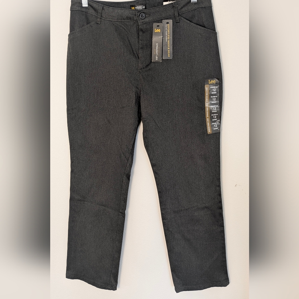 Women's Lee Mid Rise Relaxed Fit Straight Leg Cotton Blend Gray Pant Sz 12 Short - Picture 1 of 15